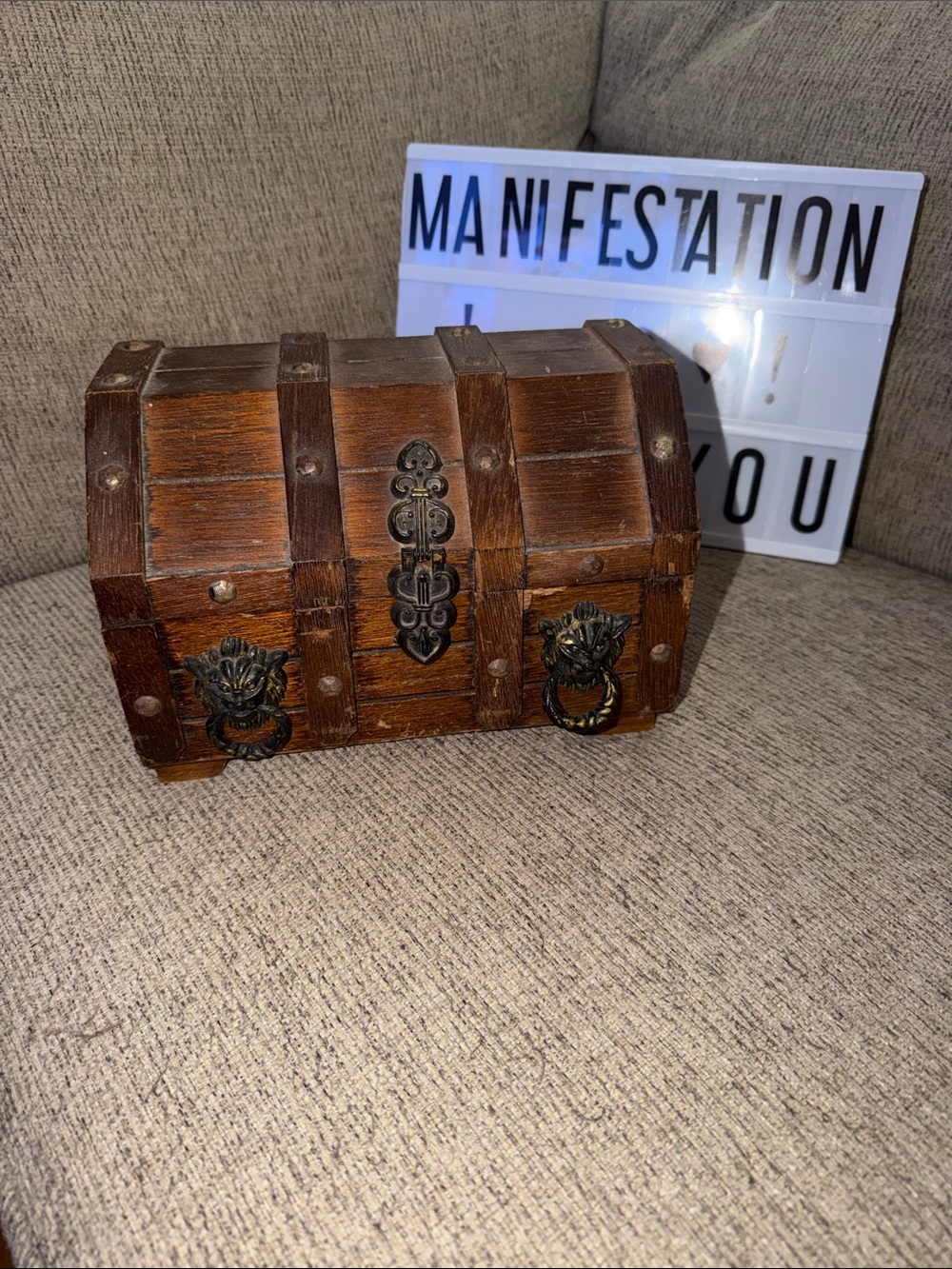 Vintage Antique Wooden Decorative Treasure Chest Box - with Lion Head Decor
